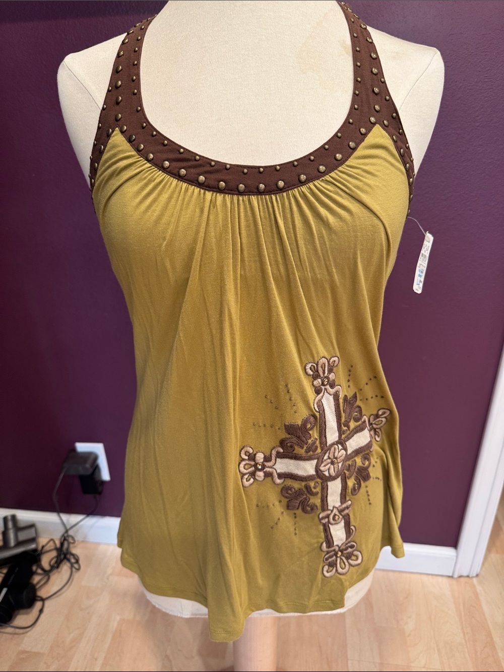 Soul Revival Olive & Brown Studded Cross Tank